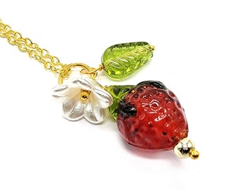 Strawberry Necklace, Strawberry Blossom Fruit Jewelry, Cute Gold Strawberry Lampwork, Cute Kawaii Food Jewelry, Cottagecore, Gift for Her
