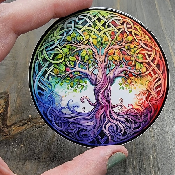 Rainbow Tree of Life Decal, Celtic Knot Tree Chakra Vinyl Sticker, LGBTQIA+ Pride Rainbow Tree, Yggdrasil Tree Laptop Sticker, Water Bottle
