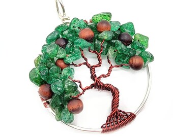 Fig Tree of Life Pendant Necklace Fruit Tree Matte Mahogany Red Tiger Eye and Green Aventurine Gemstone Leaves Nectarine Tree Jewelry
