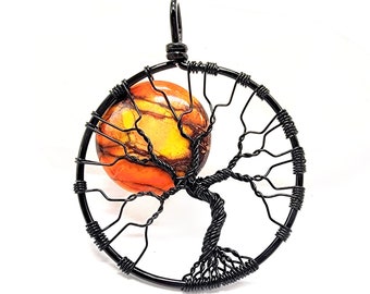 Spooky Tree Jewelry Halloween Full Moon Necklace Black Wire Tree of Life Orange Harvest Moon Pendant Witchy Halloween Jewelry for Her