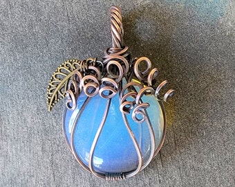 Autumn Pumpkin Necklace Opalite Pendant | Fall Jewelry | Copper Wire Wrapped Gemstone Pumpkin Pendant for Women | Witchy Halloween Jewelry