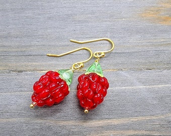 Raspberry Earrings 14k Gold Plated Cute Kawaii Raspberry Fruit Earrings Green Leaves Cottagecore Whimsical Raspberry Jewelry Plant Lover