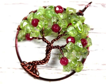 Apple Tree - Tree of Life Pendant with Peridot and Ruby Red Jade Gemstones Wire Wrapped Brown August Birthstone Teacher Gift