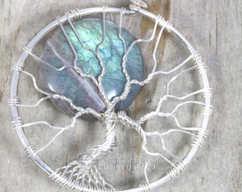 Blue Labradorite Tree of Life Pendant Full Moon Necklace Green Blue Flash Silver Wire Wrapped Celestial Jewelry Boho Blue Moon Lunar Jewelry