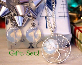 GIFT SET Full Moon Tree of Life Silver Opalite Rainbow Moonstone Matching Earrings Wire Wrapped Handmade Phoenix Fire Designs