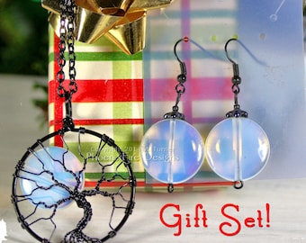 HOLIDAY GIFT SET Rainbow Moonstone Necklace Full Moon Tree of Life Pendant Matching Earrings Black Wire Wrapped Opalite Jewelry Gift for Her