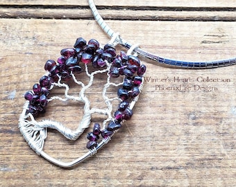 Winter's Heart Garnet Tree of Life Pendant Statement Necklace Silver Wire Stainless Steel Omega Chain January's Birthstone Jewelry For Her