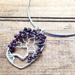 Winter's Heart Garnet Tree of Life Pendant Statement Necklace Silver Wire Stainless Steel Omega Chain January's Birthstone Jewelry For Her image 1