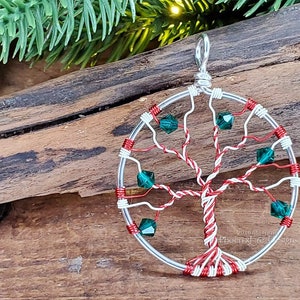 Candy Cane Necklace Tree of Life Pendant Christmas Jewelry Whimsical Holiday Necklace Christmas Accessories Red Green White Twist Gift Idea image 1