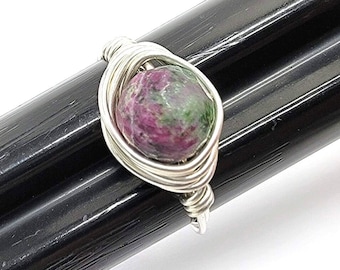 Sterling Silver Ruby Zosite Ring Wire Wrapped Silver Anyolite Ring Silver 925 Natural Ruby Zoisite Micro Faceted Kralen AAA Kwaliteit
