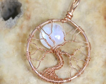 14k Rose Gold Rainbow Moonstone Necklace Tree of Life Pendant Luxury Rose Gold Necklace Celestial Full Moon Wire Wrapped Jewelry Pink Gold