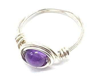 Sterling Silver Amethyst Ring Wire Wrapped Silver February Birthstone Royal Purple Violet Gemstone Simple Dainty Ring