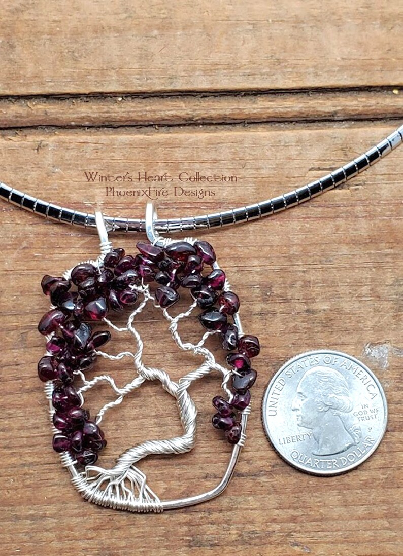 Winter's Heart Garnet Tree of Life Pendant Statement Necklace Silver Wire Stainless Steel Omega Chain January's Birthstone Jewelry For Her image 4