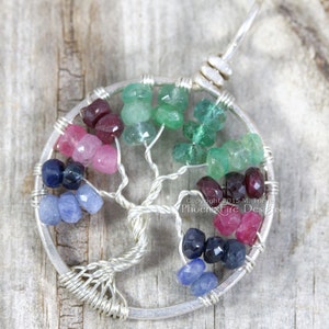 Tricolor Blue Sapphire Ruby Emerald Tree of Life Pendant Multicolor Gemstone Sterling Silver Wire Wrapped Jewelry Eco friendly recycled image 2