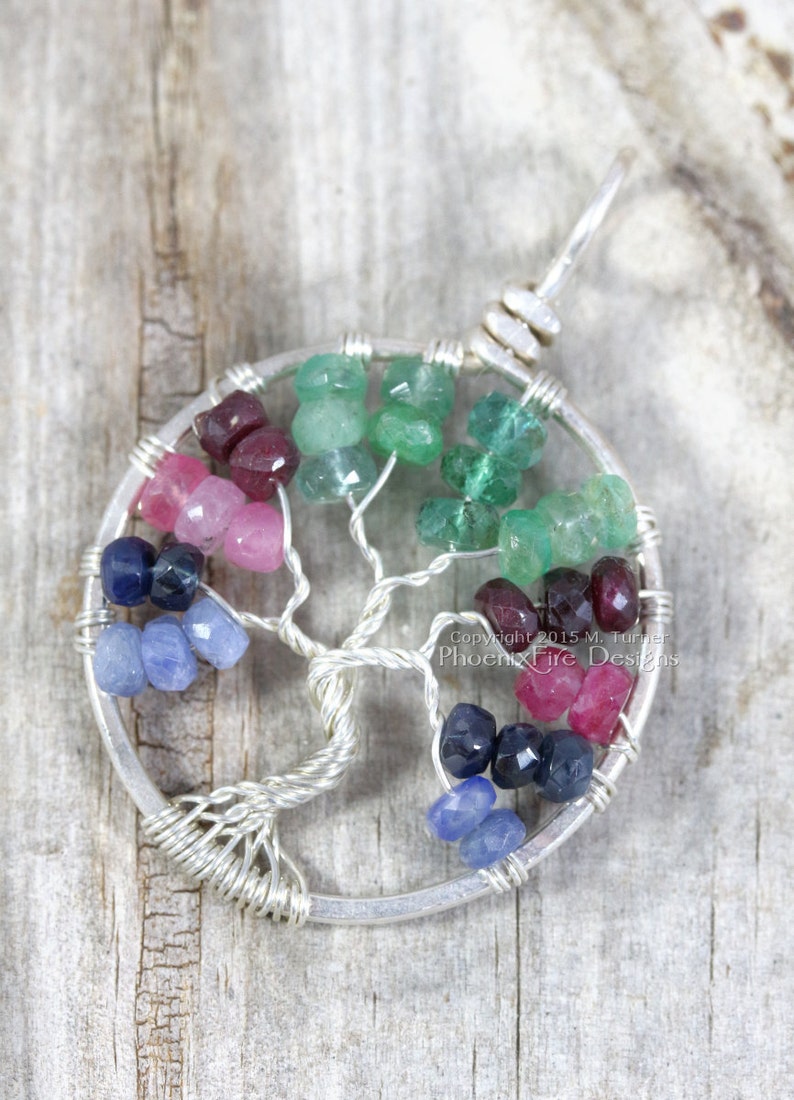 Tricolor Blue Sapphire Ruby Emerald Tree of Life Pendant Multicolor Gemstone Sterling Silver Wire Wrapped Jewelry Eco friendly recycled image 2