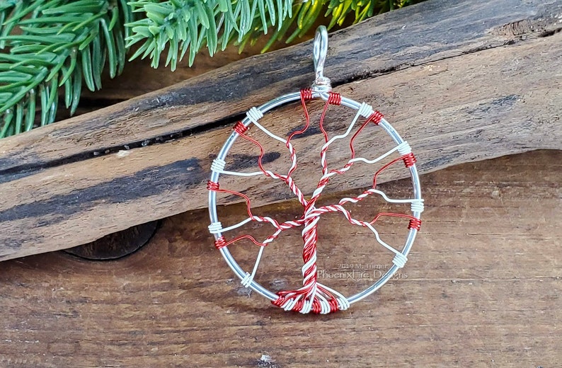 Candy Cane Necklace Tree of Life Pendant Christmas Jewelry Whimsical Holiday Necklace Christmas Accessories Red Green White Twist Gift Idea image 3