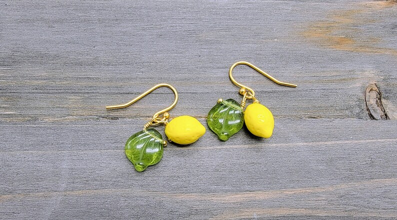 Lemon Earrings 14k Gold Plated Hooks Cute Yellow Fruit Earrings Green Leaves Cottagecore Whimsical Summer Lemon Jewelry Plant Lover image 1