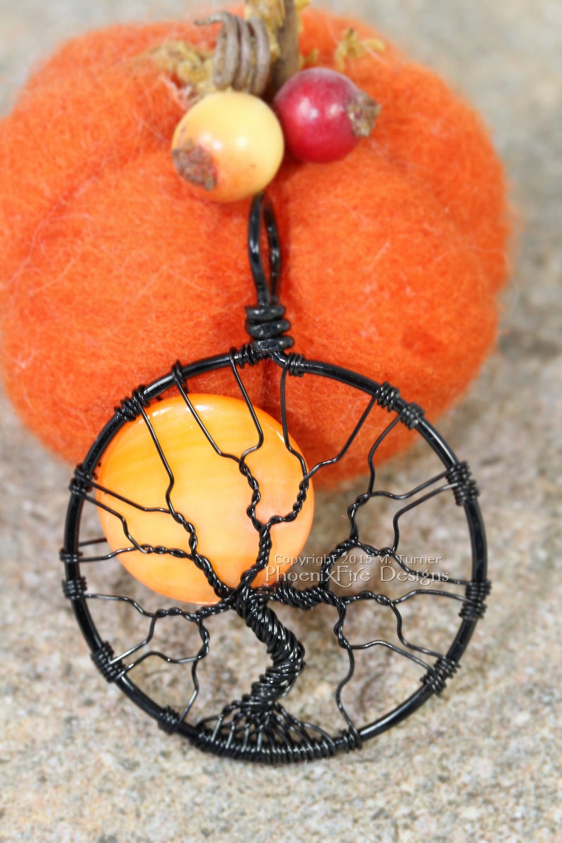 Halloween Full Moon Tree of Life Pendant Spooky Tree Wire Wrapped Jewelry Black Wire Orange Harvest Moon Necklace Gothic PhoenixFire Designs image 3