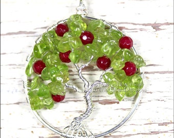 Apple Tree of Life Pendant Teacher's Gift Peridot Ruby Red Jade Gemstone Necklace Wire Wrapped Jewelry August Birthstone Harvest Autumn Fall