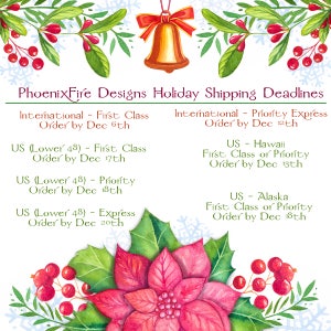 Puede incluir: Una ilustraci&oacute;n de acuarela de una flor de poinsettia con hojas verdes de acebo y bayas rojas. La imagen incluye el texto "Phoenix Fire Designs Holiday Shipping Deadlines" y enumera las fechas l&iacute;mite de env&iacute;o para pedidos internacionales y de EE. UU.
