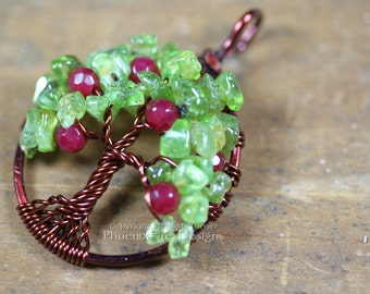 Teacher Appreciation Gift Apple Tree of Life Pendant Peridot Ruby Red Jade Gemstones Wire Wrapped Brown August Birthstone Teacher Gift