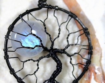 Rainbow Moonstone Necklace Large Tree of Life Pendant Full Moon Black Wire Wrapped Jewelry Spooky Tree Halloween Necklace Blue Moonstone