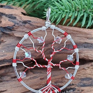 Candy Cane Necklace Tree of Life Pendant Christmas Jewelry Whimsical Holiday Necklace Christmas Accessories Red Green White Twist Gift Idea With Clear Crystal