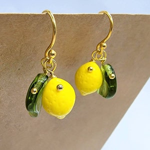 Lemon Earrings 14k Gold Plated Hooks Cute Yellow Fruit Earrings Green Leaves Cottagecore Whimsical Summer Lemon Jewelry Plant Lover image 3