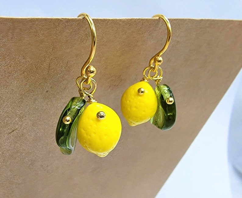 Lemon Earrings 14k Gold Plated Hooks Cute Yellow Fruit Earrings Green Leaves Cottagecore Whimsical Summer Lemon Jewelry Plant Lover image 3