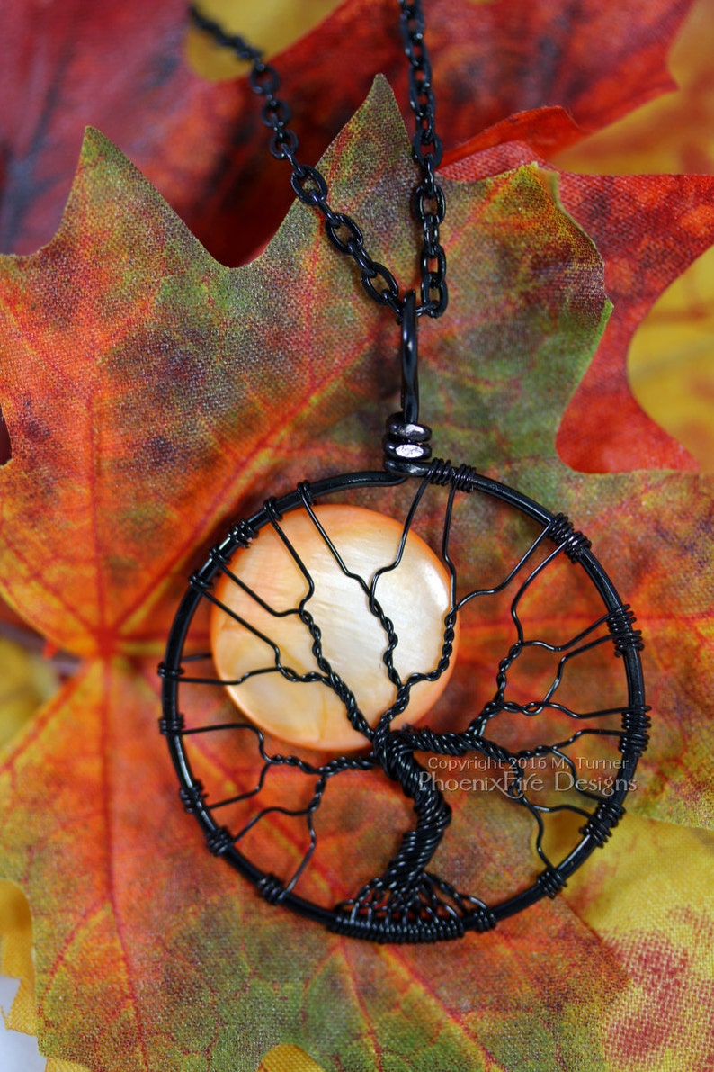 Halloween Full Moon Tree of Life Pendant Spooky Tree Wire Wrapped Jewelry Black Wire Orange Harvest Moon Necklace Gothic PhoenixFire Designs image 2