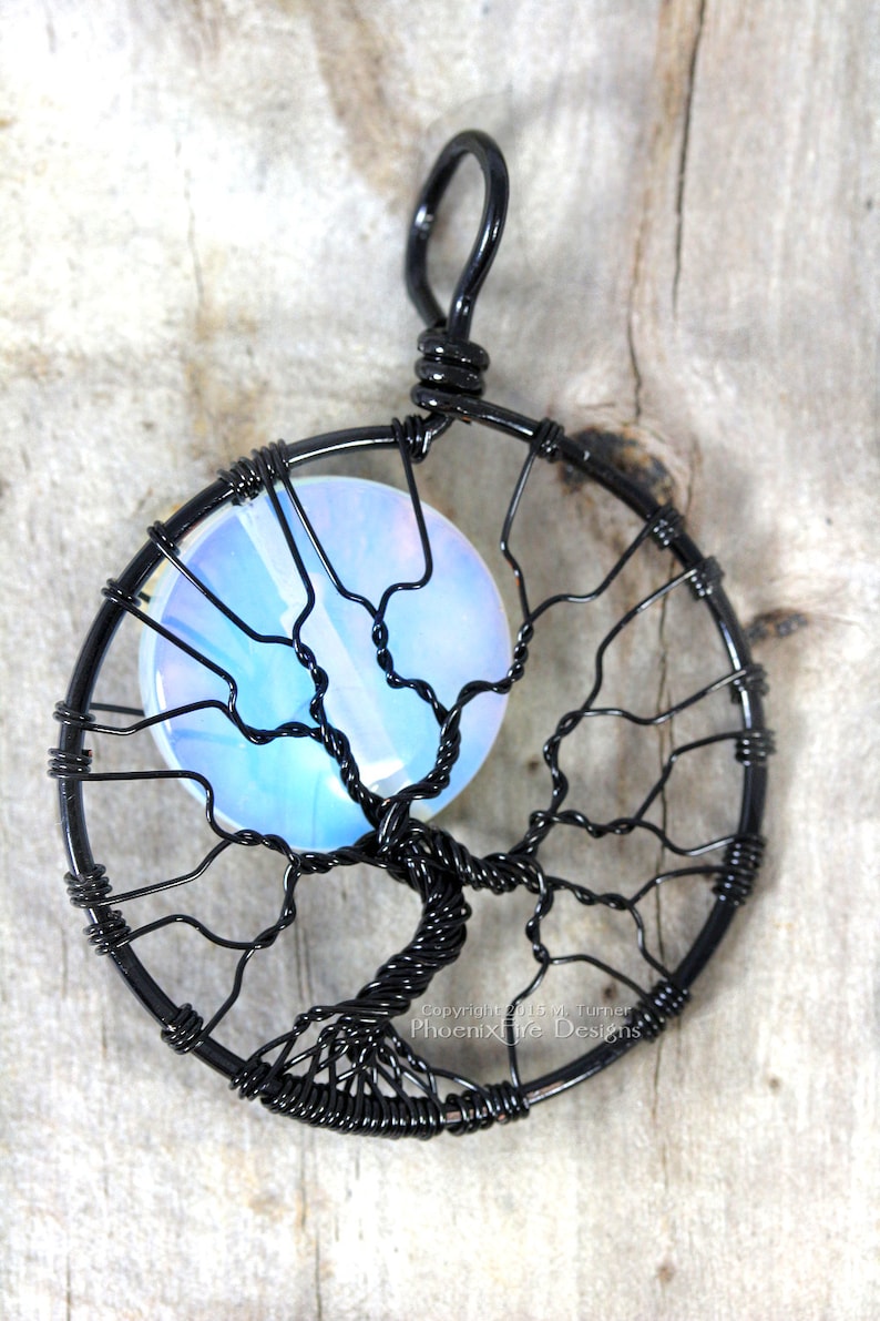 Celestial Jewelry Rainbow Moonstone Full Moon Tree of Life Pendant Black Wire Wrapped Jewelry Opalite Moonstone Jewelry Lunar Necklace Gift image 1