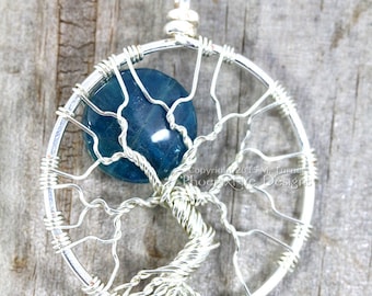 Full Moon Tree of Life Pendant Blue Apatite Blue Moon Natural Gemstone Necklace Artisan Wire Wrapped Silver Jewelry Phoenix Fire Designs