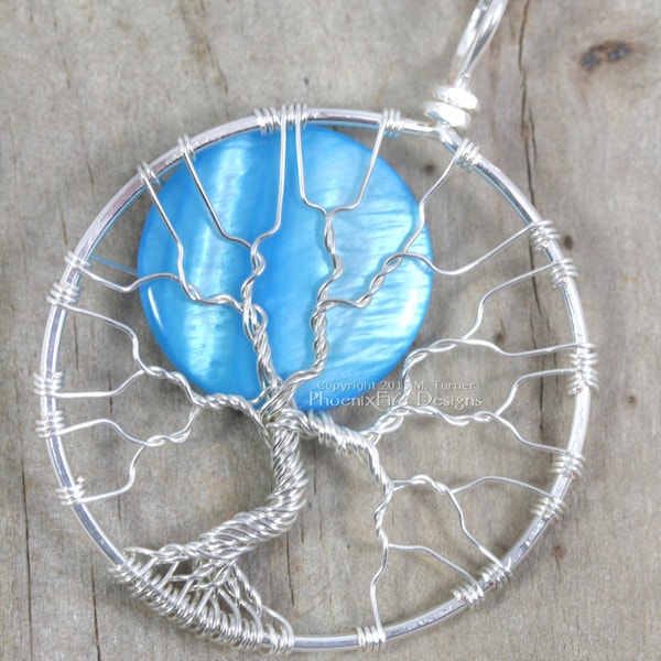 Once in Blue Moon Full Moon Tree of Life Pendant Silver Wire Wrapped Jewelry Handmade Wire Wrap Tree Blue Moon Celestial Necklace