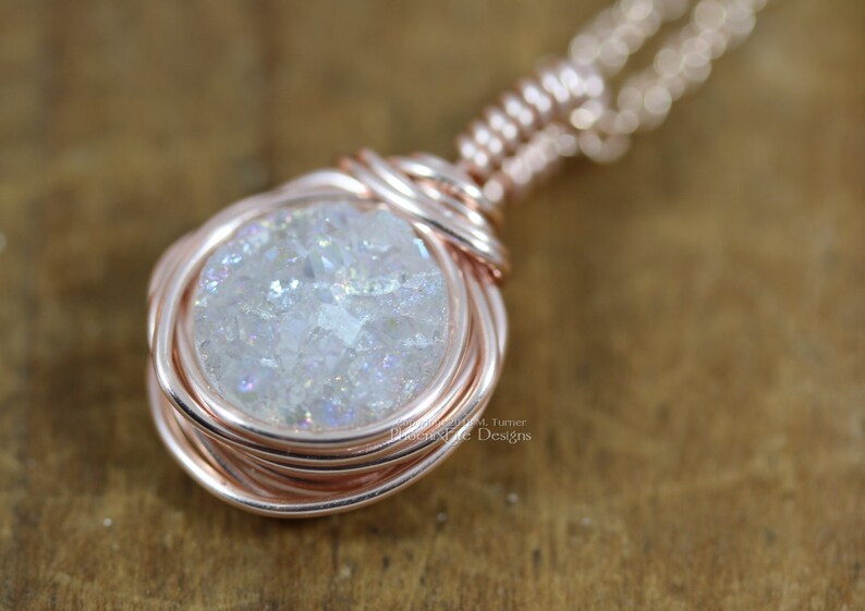 Rose Gold AB White Druzy Necklace Natural Drusy Pendant Layering Necklace Crystal Wire Wrapped Christmas Gift Bridesmaid Gift For Her image 2