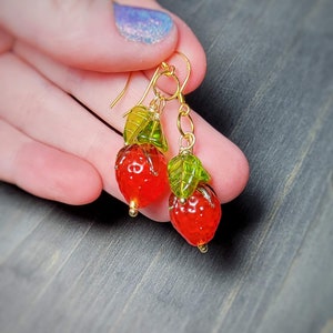 Strawberry Earrings 14k Gold Vermeil Cute Kawaii Strawberry Fruit Earrings Green Leaves Cottagecore Whimsical Strawberry Jewelry Plant Lover image 3