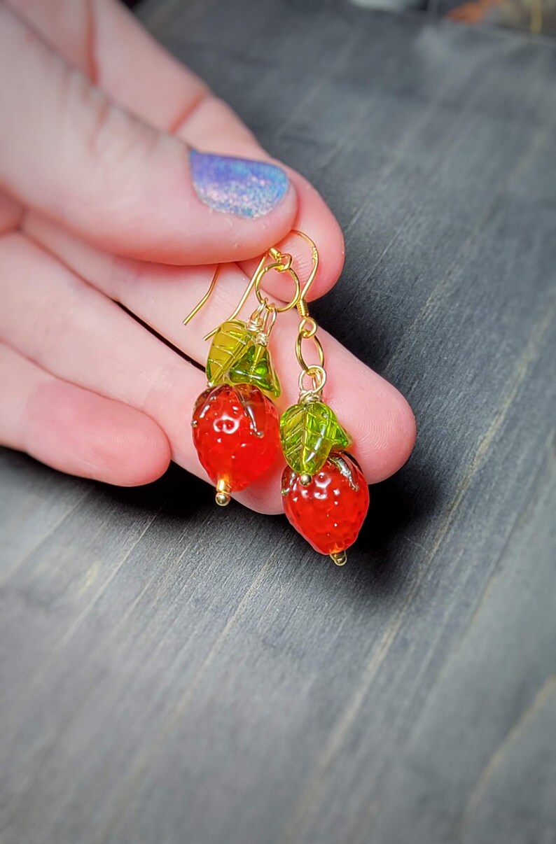 Strawberry Earrings 14k Gold Vermeil Cute Kawaii Strawberry Fruit Earrings Green Leaves Cottagecore Whimsical Strawberry Jewelry Plant Lover image 3