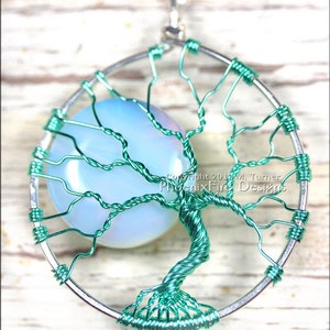 Aqua Blue Full Moon Tree of Life Pendant Opalite Rainbow Moonstone Jewelry Beachy Necklace Ocean Wire Wrapped Nautical Jewelry Lunar Pendant