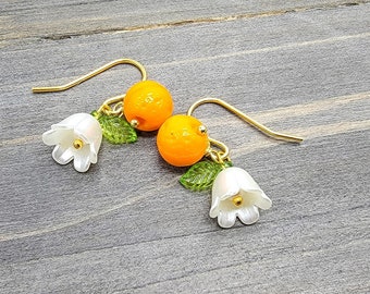 Orange Blossom Earrings 14k Gold Plated Hooks Cute Orange Fruit Earrings Green Leaves Cottagecore Whimsical Florida Orange Summer Jewelry