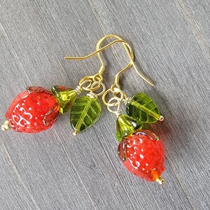 Strawberry Earrings 14k Gold Vermeil Cute Kawaii Strawberry Fruit Earrings Green Leaves Cottagecore Whimsical Strawberry Jewelry Plant Lover image 2