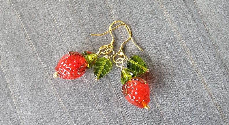 Strawberry Earrings 14k Gold Vermeil Cute Kawaii Strawberry Fruit Earrings Green Leaves Cottagecore Whimsical Strawberry Jewelry Plant Lover image 2