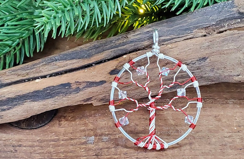 Candy Cane Necklace Tree of Life Pendant Christmas Jewelry Whimsical Holiday Necklace Christmas Accessories Red Green White Twist Gift Idea image 6