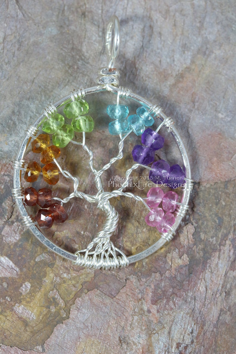 Rainbow Tree of Life Pendant Silver Wire Wrap Jewelry Garnet Citrine Peridot Blue Topaz Amethyst Mixed Gemstone Chakra Pride Necklace image 2