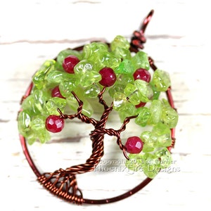 Apple Tree Tree of Life Pendant Peridot Ruby Red Jade Gemstones Wire Wrapped Jewelry Harvest Brown August Birthstone Necklace Teacher's Gift image 3