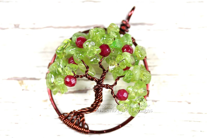 Apple Tree Tree of Life Pendant Peridot Ruby Red Jade Gemstones Wire Wrapped Jewelry Harvest Brown August Birthstone Necklace Teacher's Gift image 3