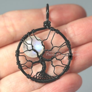 Rainbow Moonstone Jewelry Full Moon Tree of Life Necklace Black Wire Wrapped Pendant Gemstone Necklace Celestial Jewelry Lunar Necklace image 4