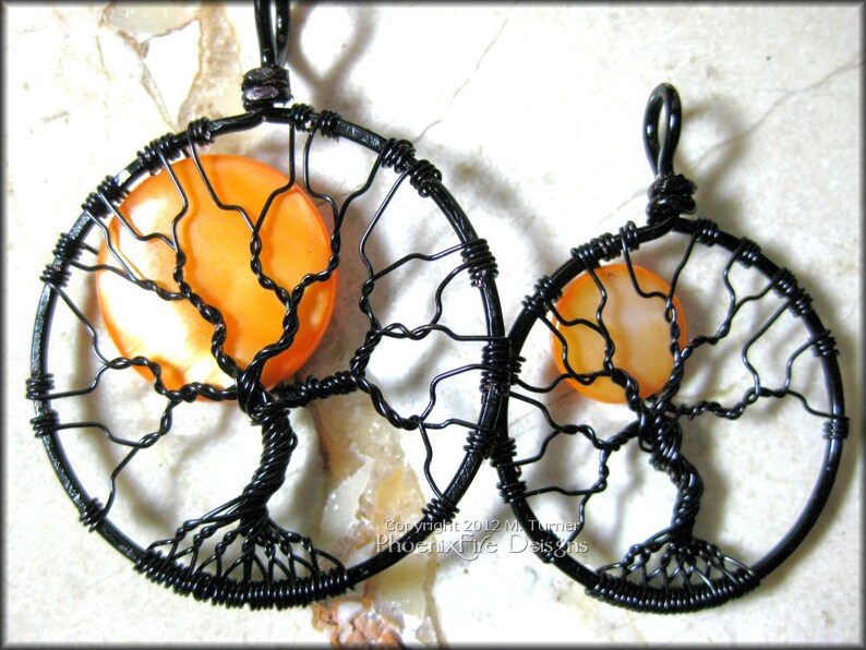 Small Halloween Full Moon Tree of Life Pendant Orange Black Wire Wrapped Jewelry Haunted Forest Harvest Moon Necklace Spooky Tree Gothic image 4