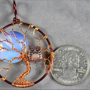 Full Moon Owl Tree of Life Pendant Opalite Rainbow Moonstone Mixed Metal Necklace Two Tone Brown Copper Wire Wrapped Jewelry Steampunk image 3