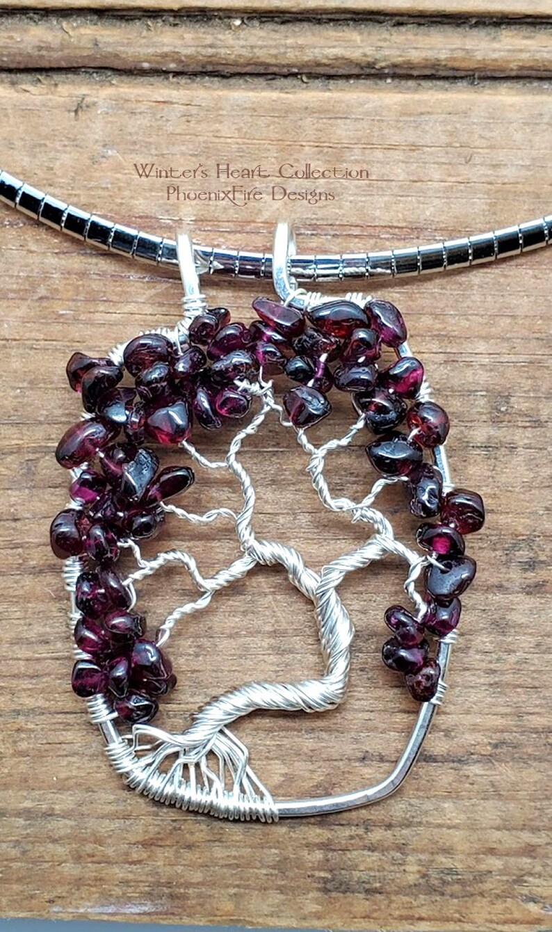 Winter's Heart Garnet Tree of Life Pendant Statement Necklace Silver Wire Stainless Steel Omega Chain January's Birthstone Jewelry For Her image 3