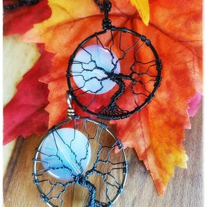 Celestial Jewelry Rainbow Moonstone Full Moon Tree of Life Pendant Black Wire Wrapped Jewelry Opalite Moonstone Jewelry Lunar Necklace Gift image 3