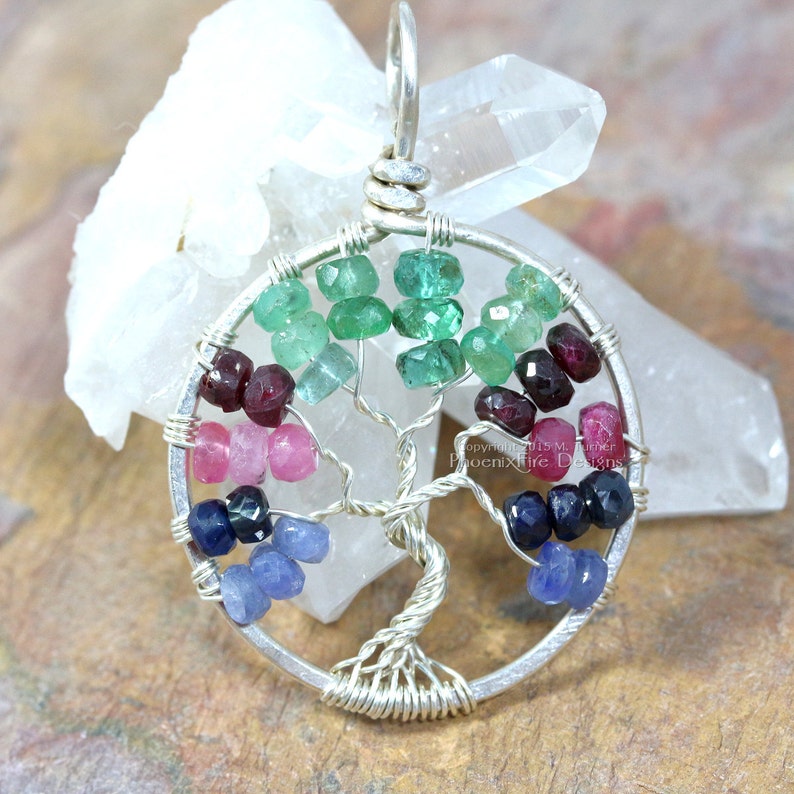 Tricolor Blue Sapphire Ruby Emerald Tree of Life Pendant Multicolor Gemstone Sterling Silver Wire Wrapped Jewelry Eco friendly recycled image 5